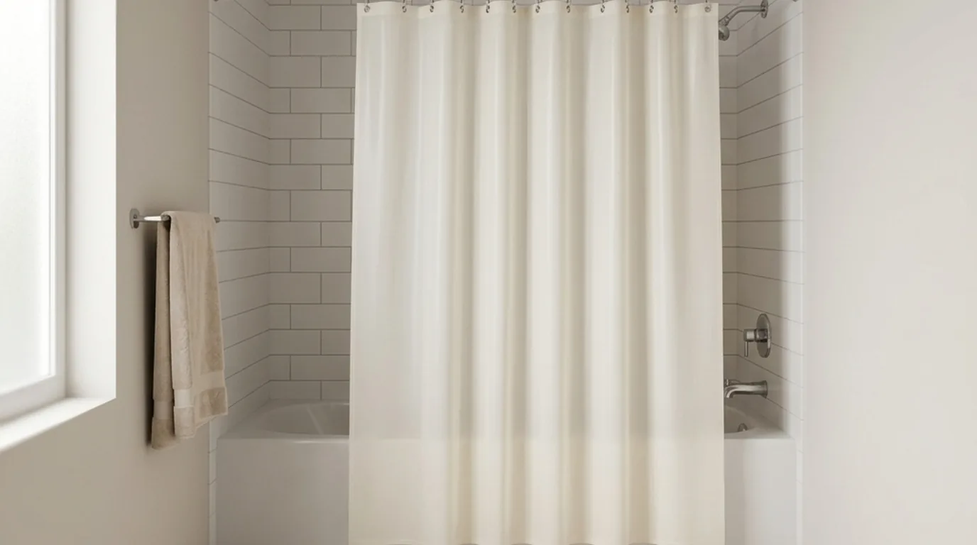 A plain off-white shower liner hanging on a straight chrome rail across an alcove bathtub in a small tiled bathroom