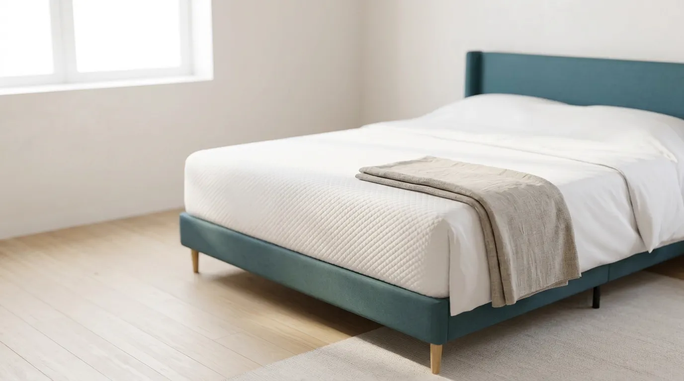 A made bed with crisp white bedding and a folded linen throw in morning light.