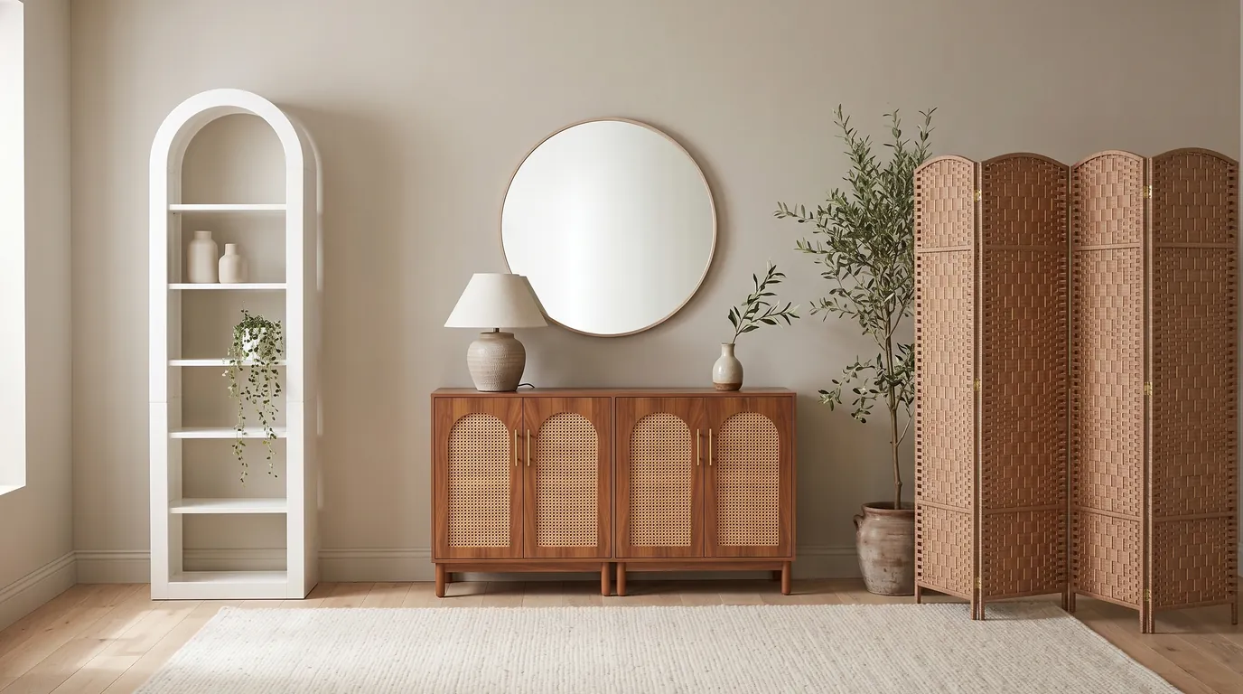 A bright living room with a walnut sideboard under a round mirror, its doors set with arched cane panels, between a white arched bookcase and a woven folding room divider.