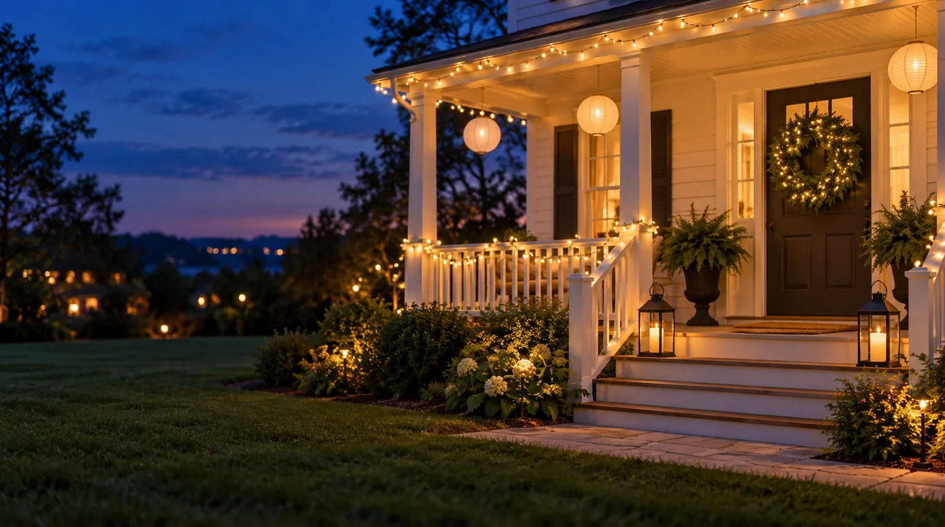 A white front porch at dusk lit with warm string lights, paper lanterns, a glowing wreath on the door and candle lanterns on the steps.