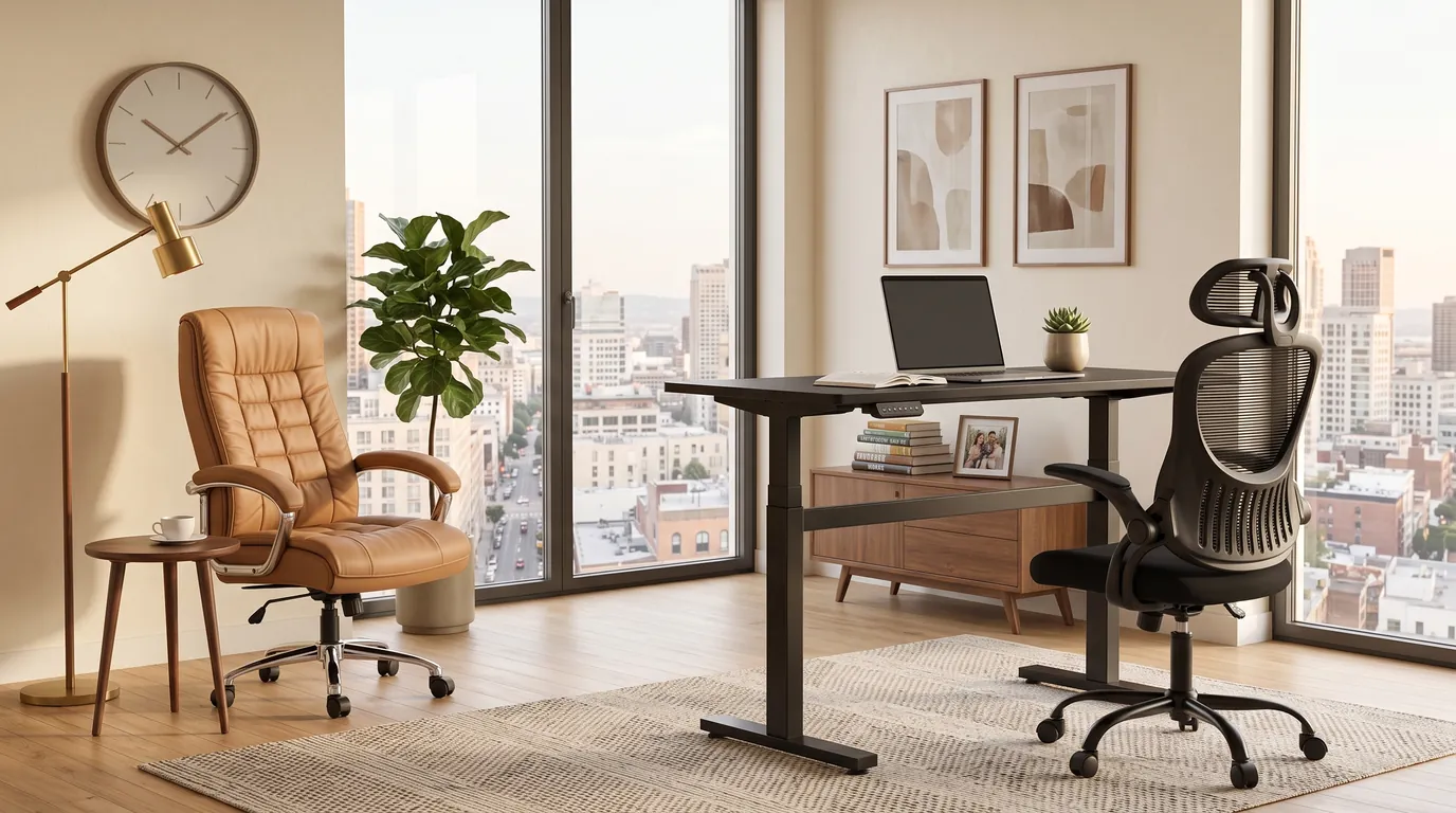 A sunlit home office with a camel faux-leather executive chair, a black electric standing desk with a laptop and a black mesh office chair by tall city windows.