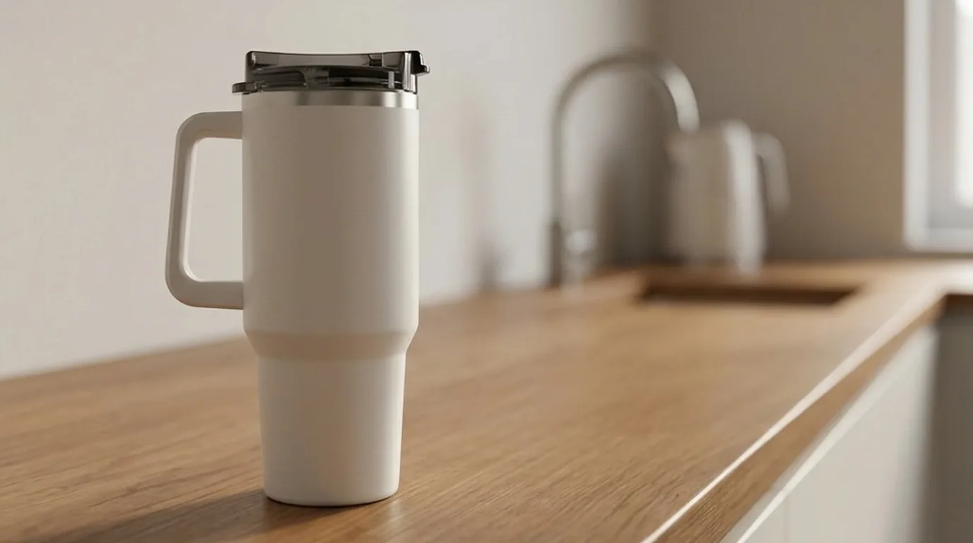 A white insulated tumbler with a handle standing on a warm wood kitchen counter in morning light