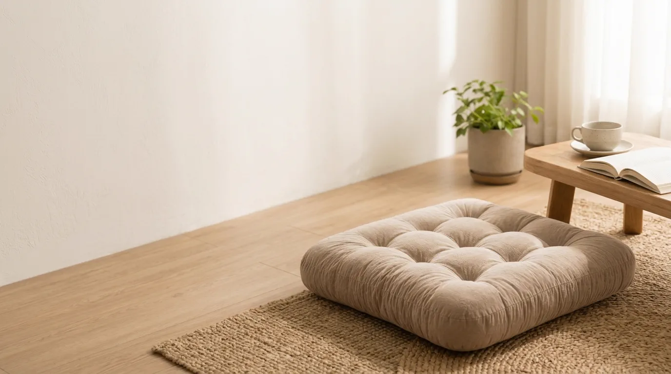 A tufted square floor cushion on a jute rug beside a low wooden table.
