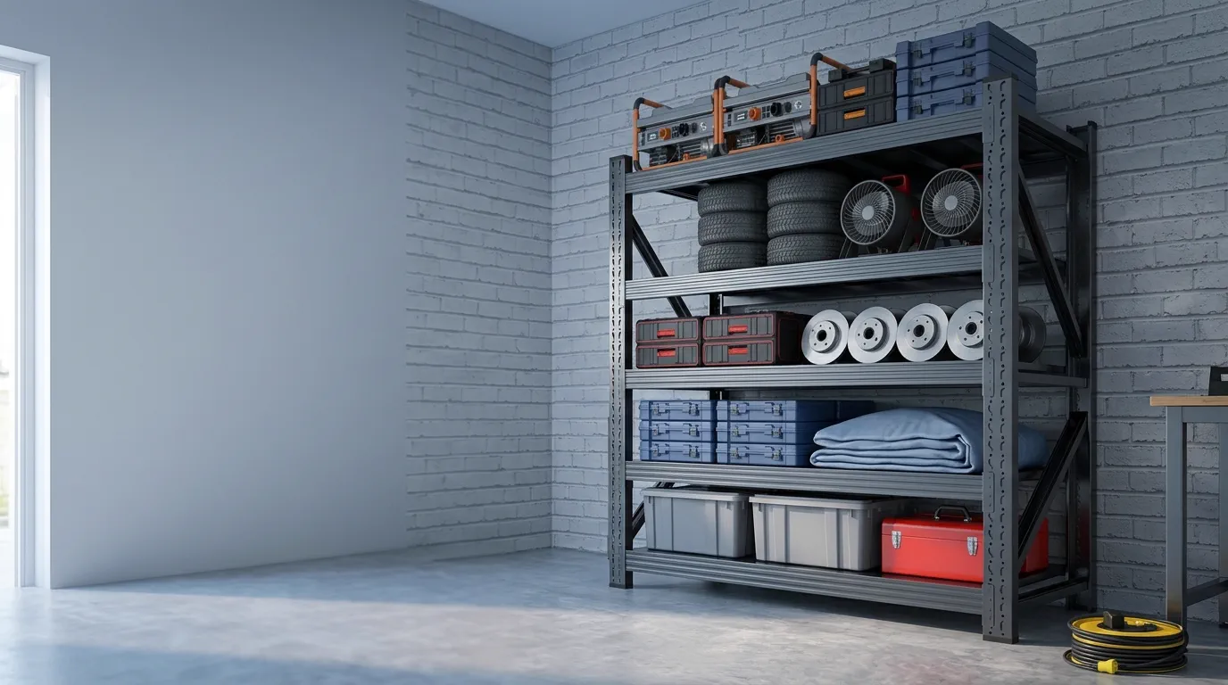 A black steel shelving unit in a tidy garage, loaded with totes, tools and boxes.