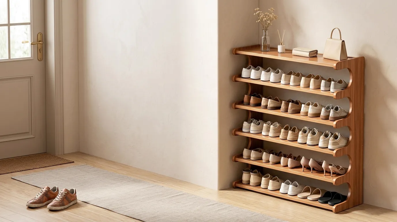 A wooden shoe rack filled with everyday shoes against the wall of a bright entryway.