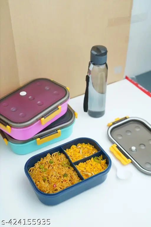 Lunch Box Comes with 3 Compartment, Spoons & Stylish Lid And Water Bottle