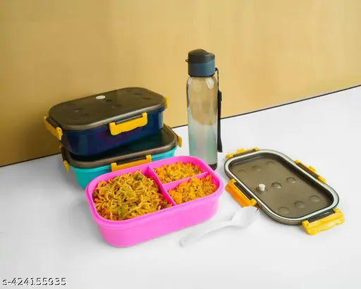 Lunch Box Comes with 3 Compartment, Spoons & Stylish Lid And Water Bottle