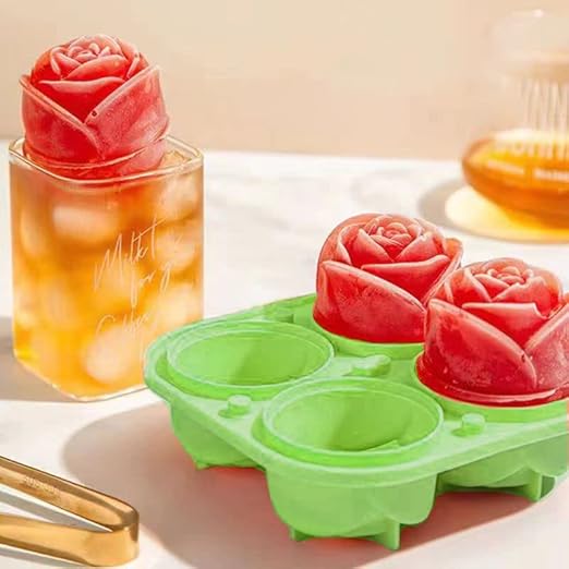 Ice Cube Tray, 3D Rose Ice Cube Molds, Reusable 4 Cavity Silicone Rose Ice Ball Maker Mold