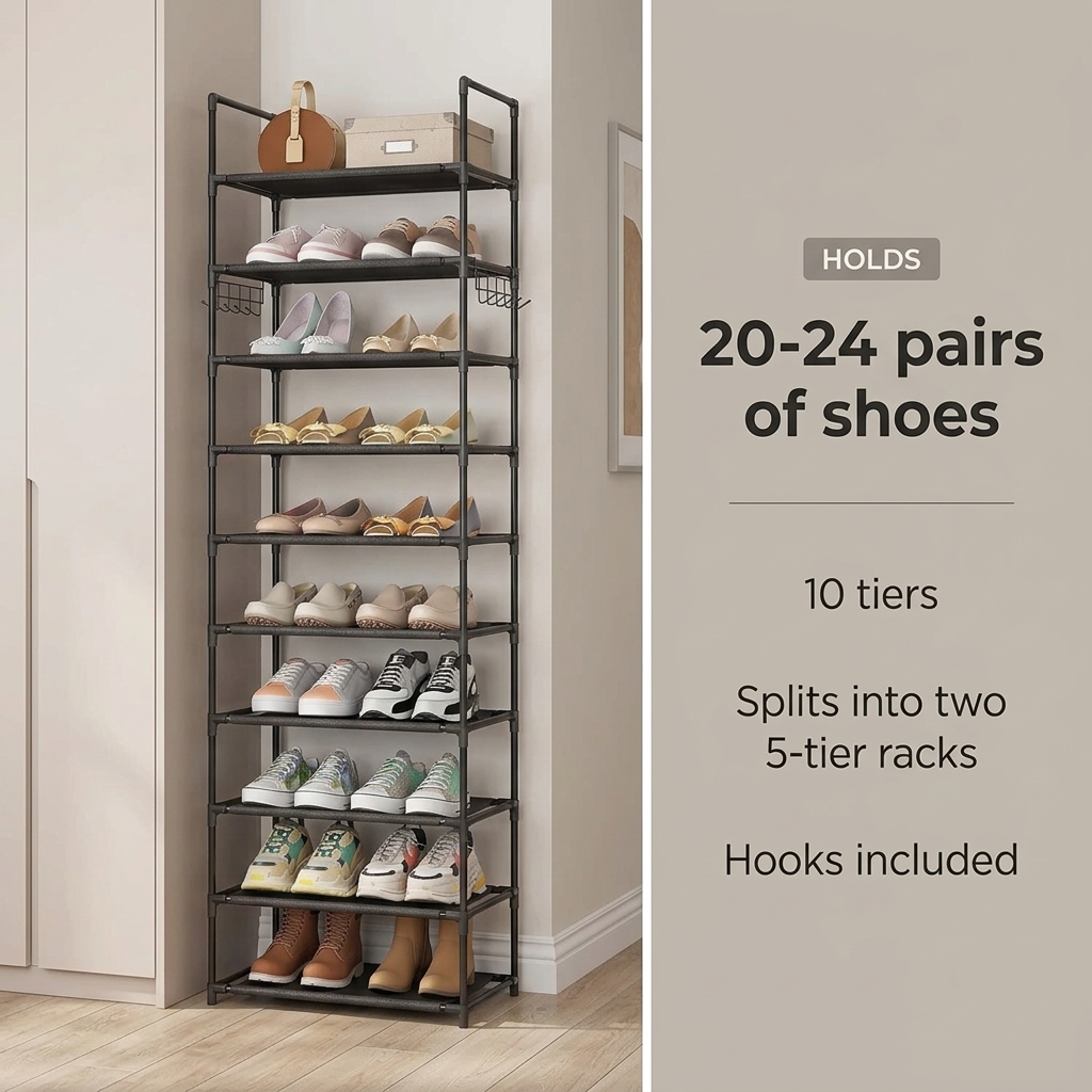 10-Tier Tall Shoe Rack with Hooks — view 2
