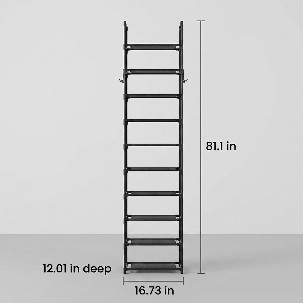 10-Tier Tall Shoe Rack with Hooks — view 3
