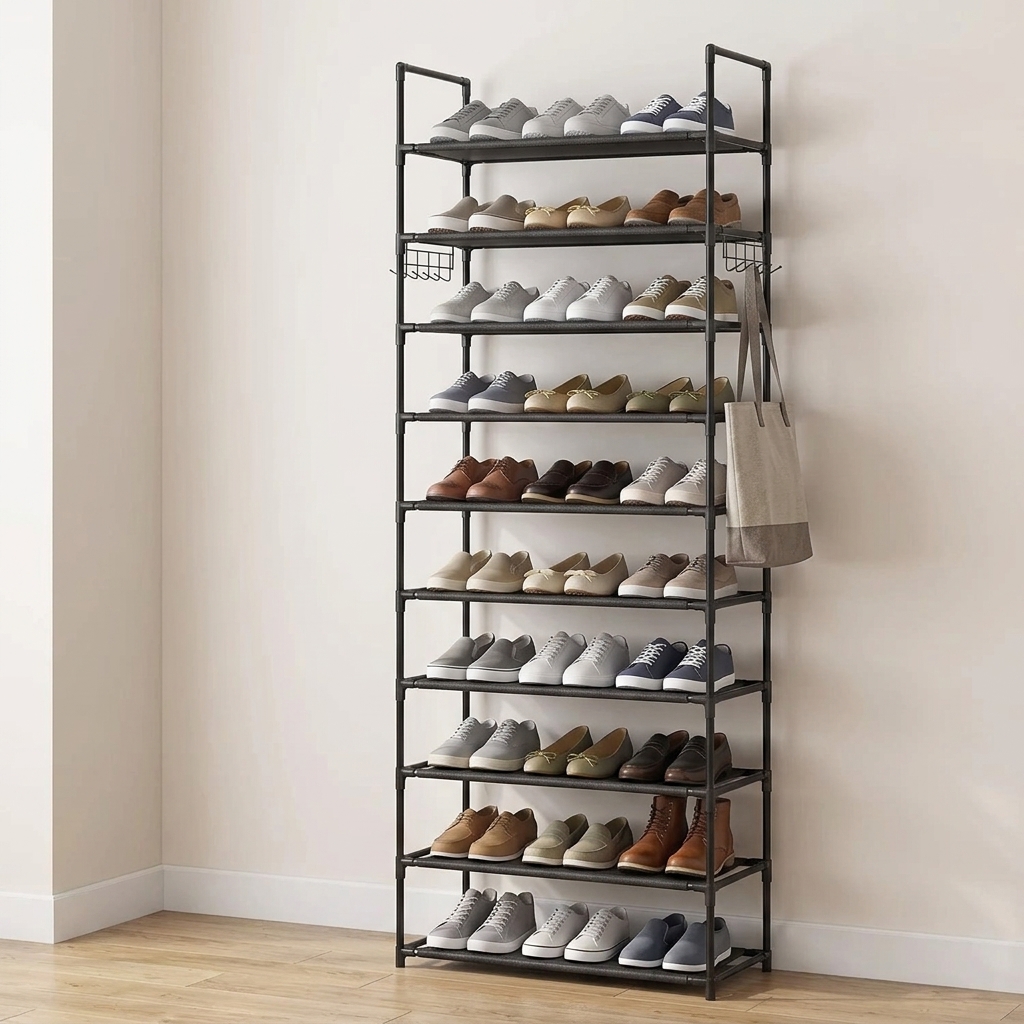 10-Tier Tall Shoe Rack with Hooks — view 4