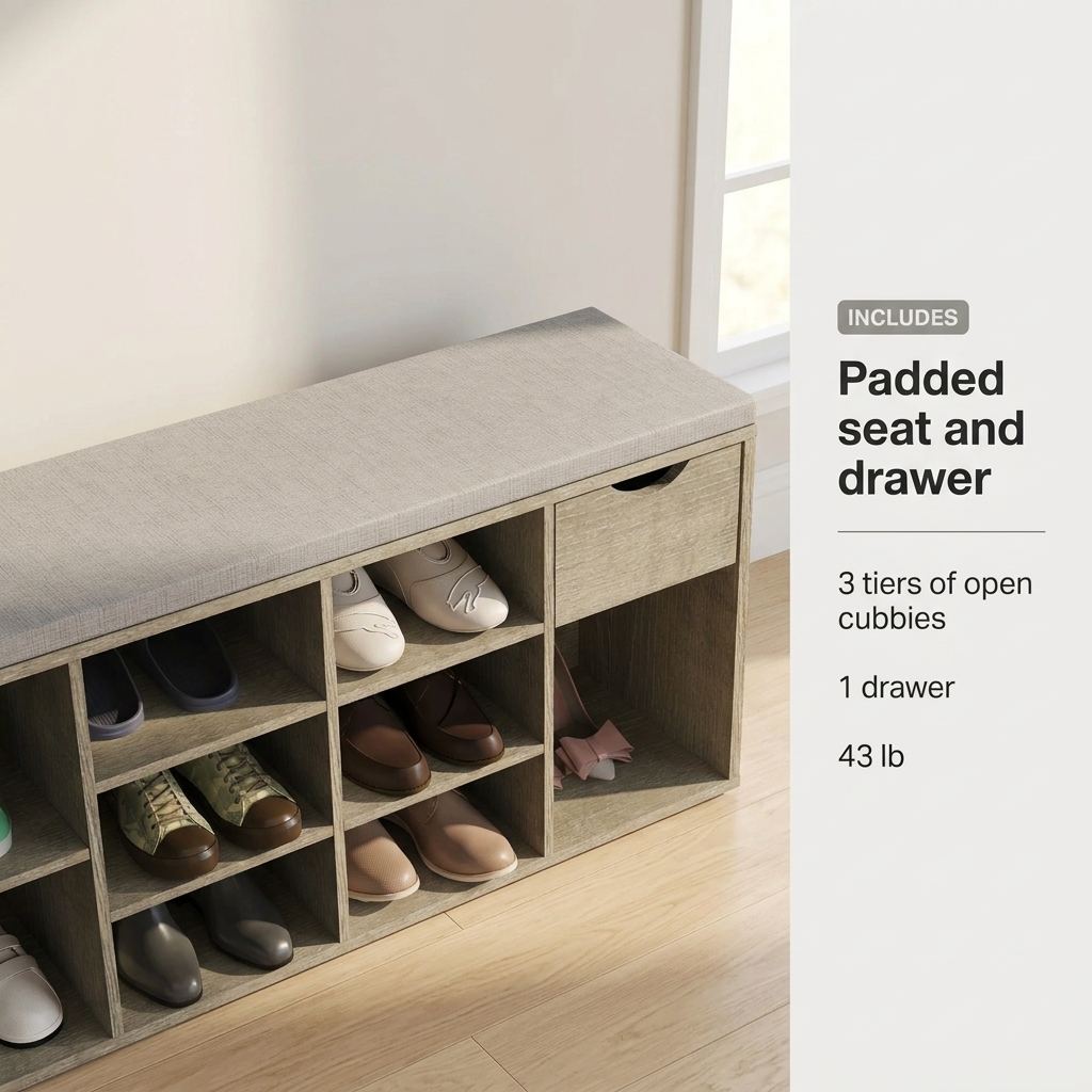 Storage Bench with Padded Seat and Drawer — view 2