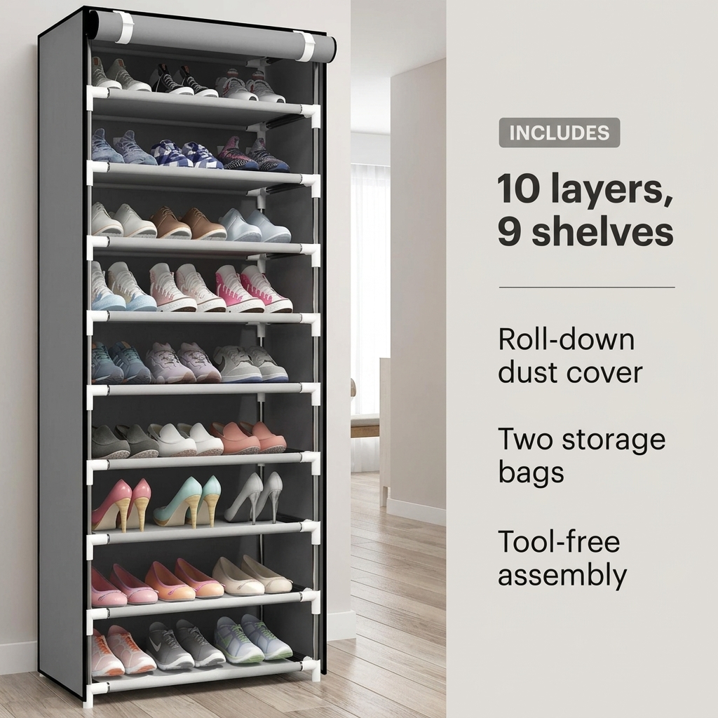 10-Layer Fabric Shoe Cabinet with Dust Cover — view 2