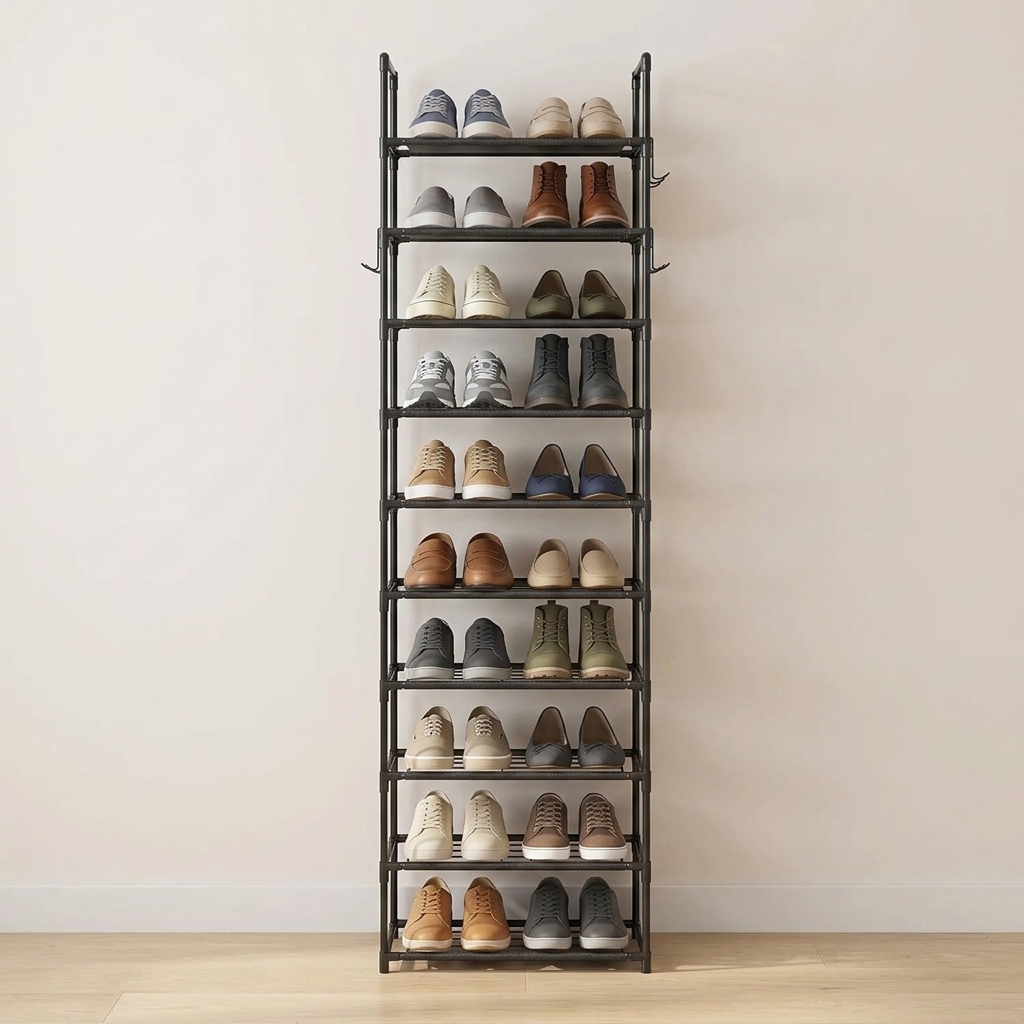 10-Tier Tall Shoe Rack with Hooks — view 5