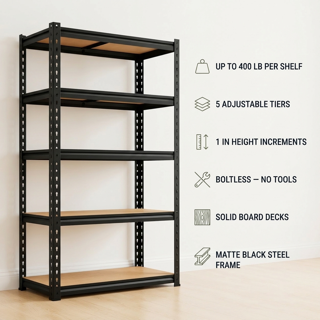 Boltless 5-Tier Storage Rack, Black Steel Frame — view 7