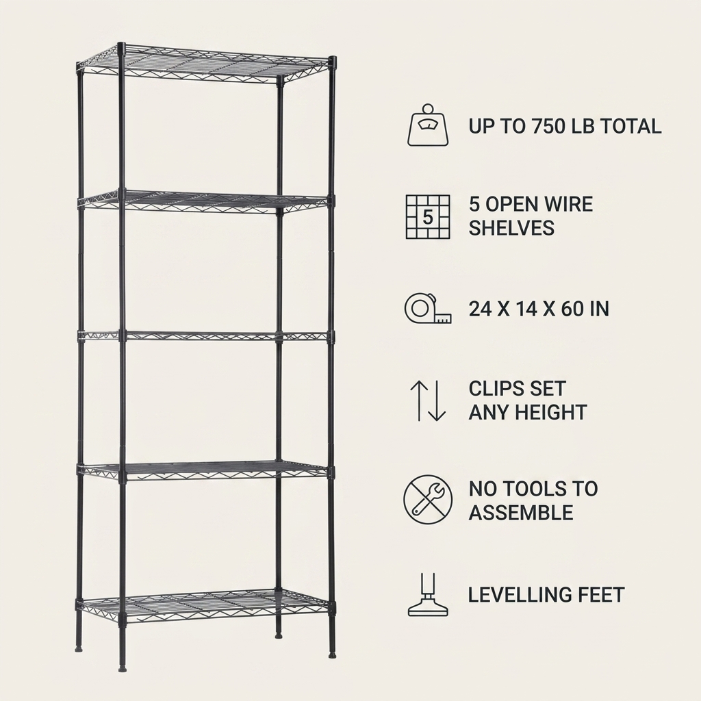 5-Tier Wire Shelving Unit, Black — view 7