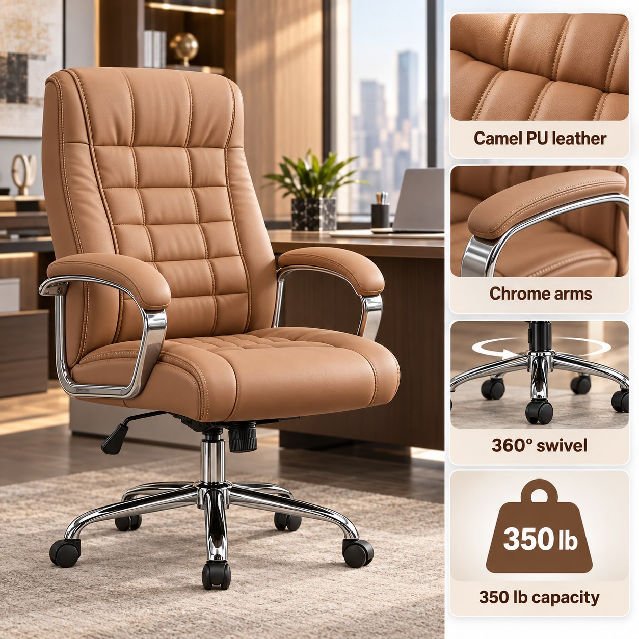 Camel PU Executive Office Chair with Chrome Arms — view 7