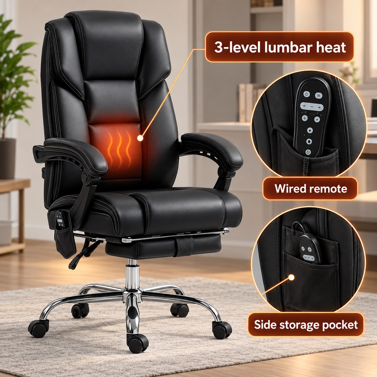 Black Faux Leather Massage Office Chair with Heat — view 7