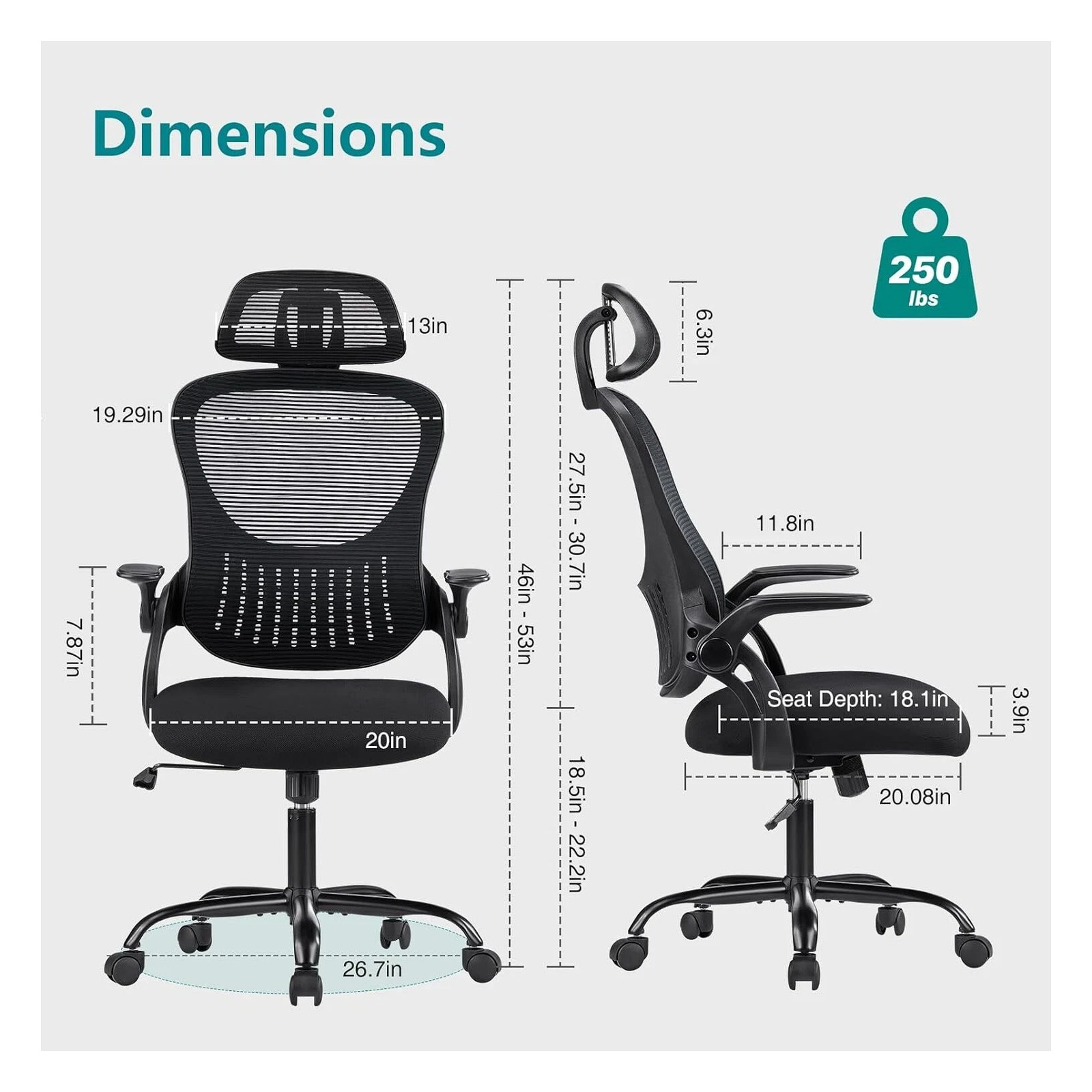 JHK High-Back Mesh Office Chair with Flip-Up Arms — view 2