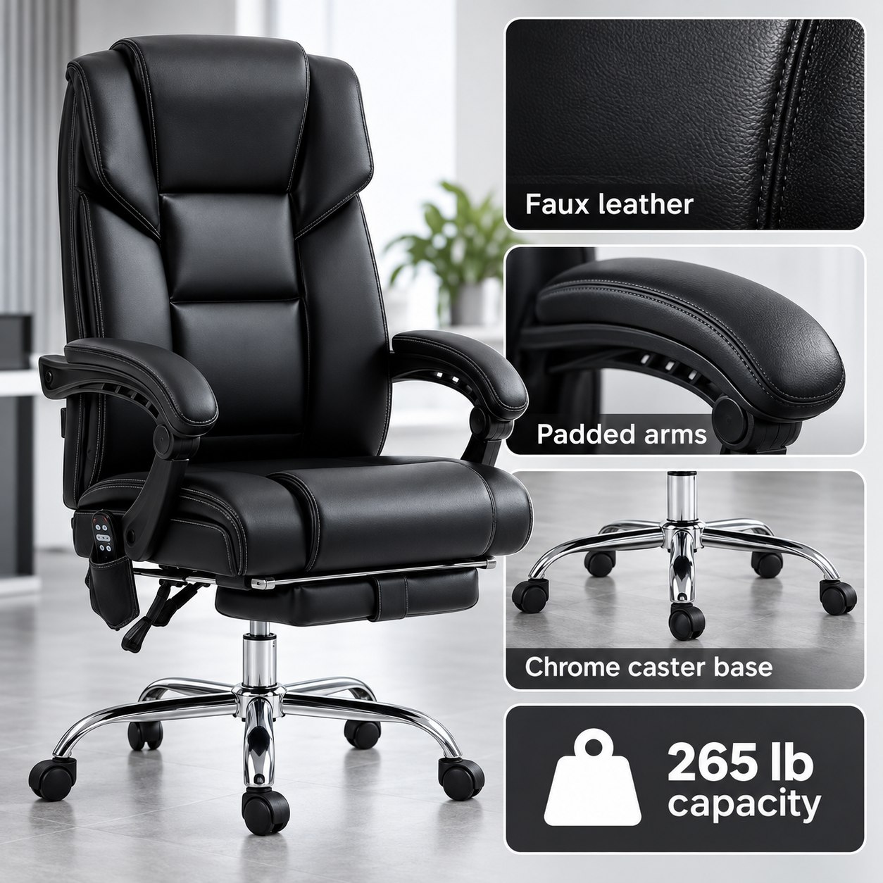 Black Faux Leather Massage Office Chair with Heat — view 6