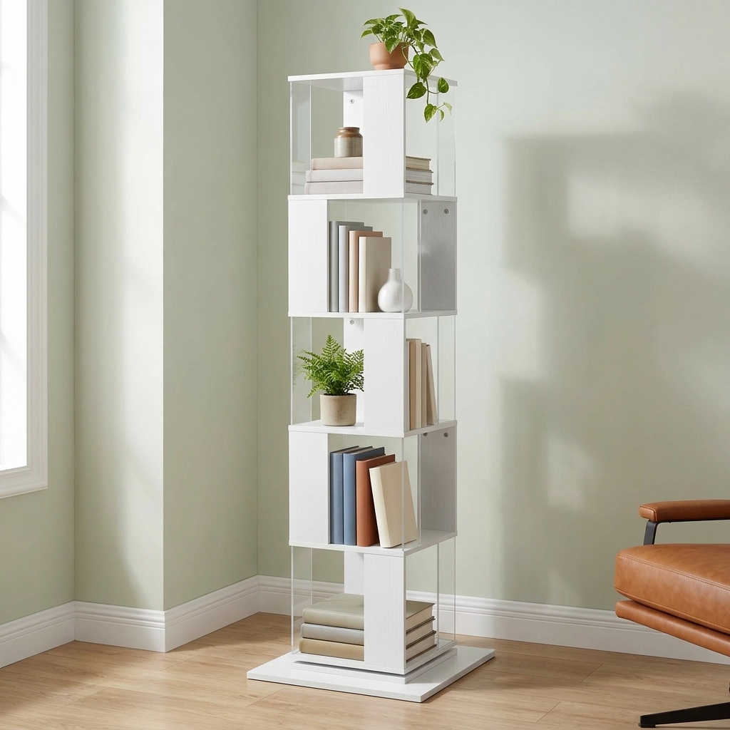 Rotating 5-Tier Bookshelf Tower, White with Clear Acrylic Sides, photo 1 of 4