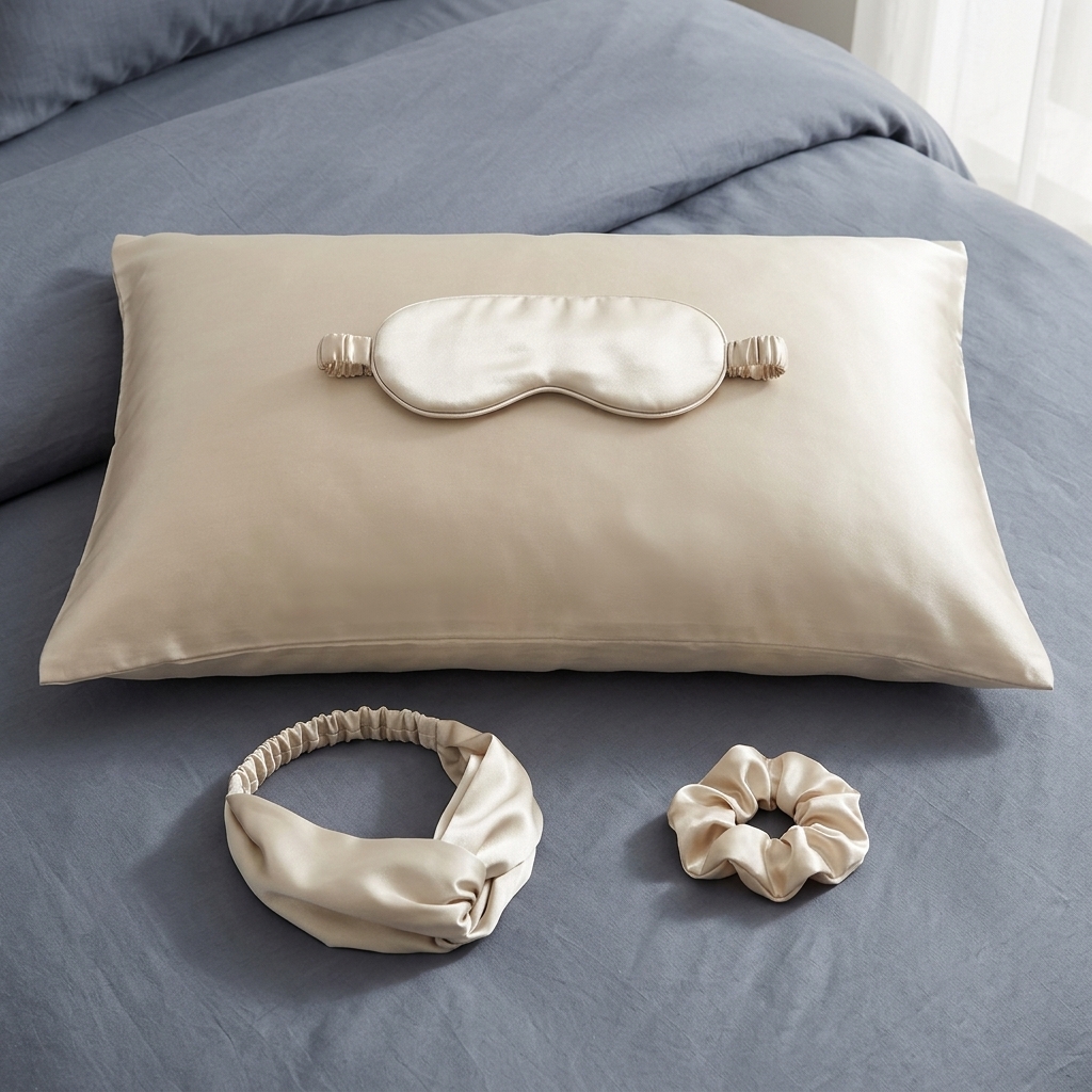 4-Piece Champagne Satin Sleep Set: Pillowcase, Eye Mask, Scrunchie and Headband, photo 1 of 5