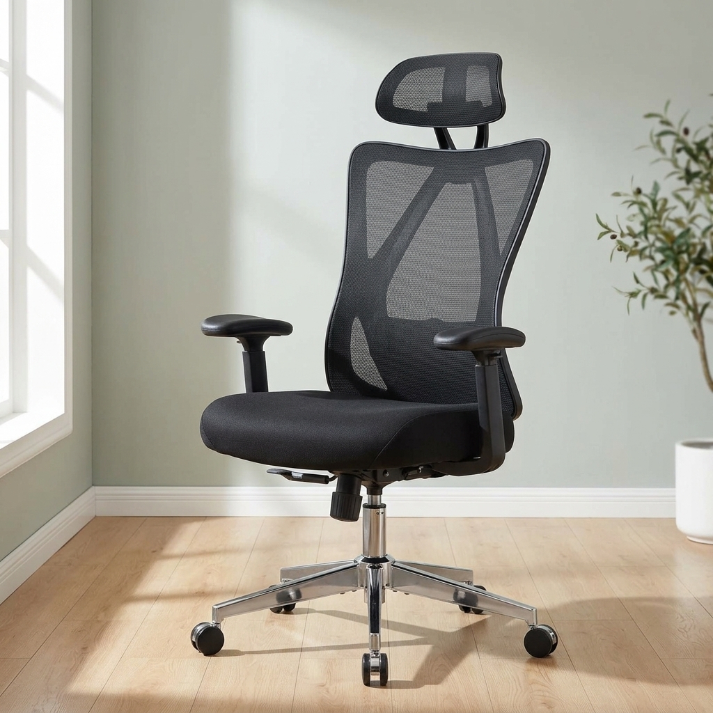 High-Back Mesh Office Chair with Adjustable Headrest and Lumbar Support, Black, photo 1 of 4