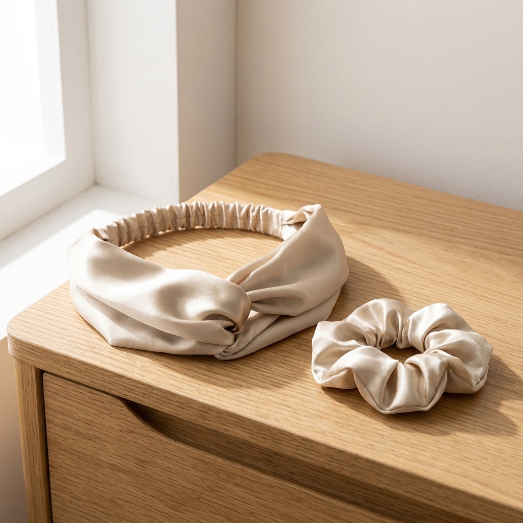 4-Piece Champagne Satin Sleep Set: Pillowcase, Eye Mask, Scrunchie and Headband, photo 4 of 5