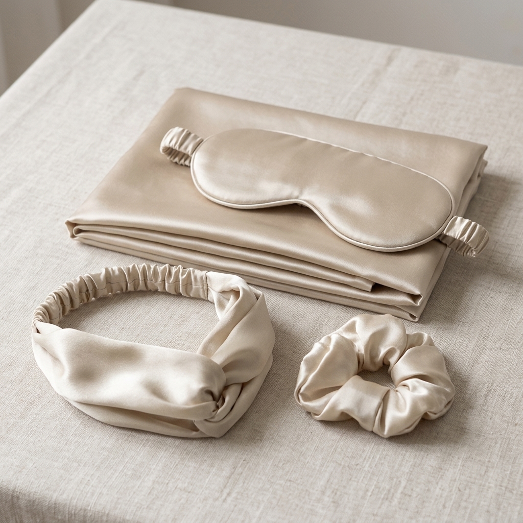 4-Piece Champagne Satin Sleep Set: Pillowcase, Eye Mask, Scrunchie and Headband, photo 2 of 5