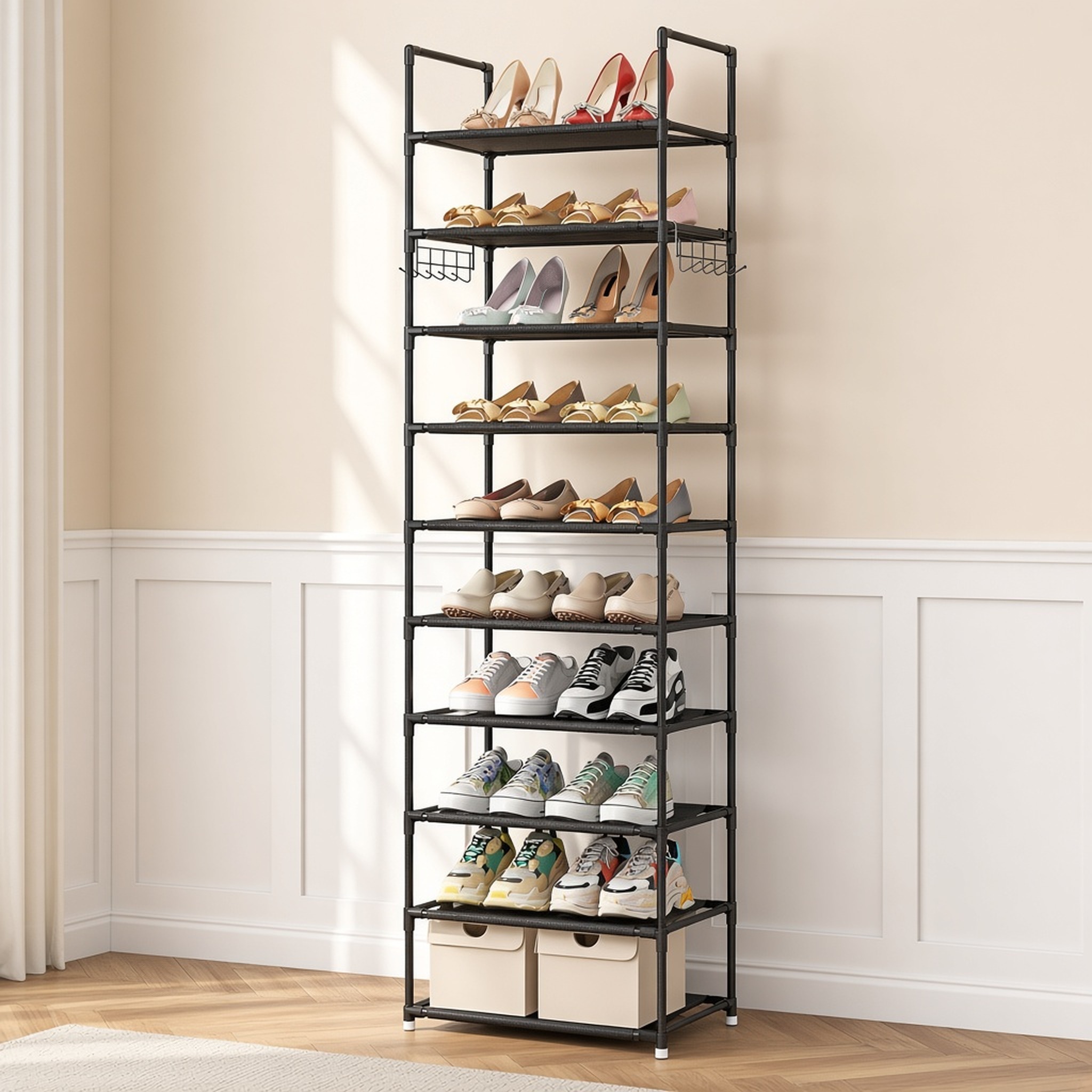 10-Tier Shoe Rack with Hooks, Black, photo 1 of 6