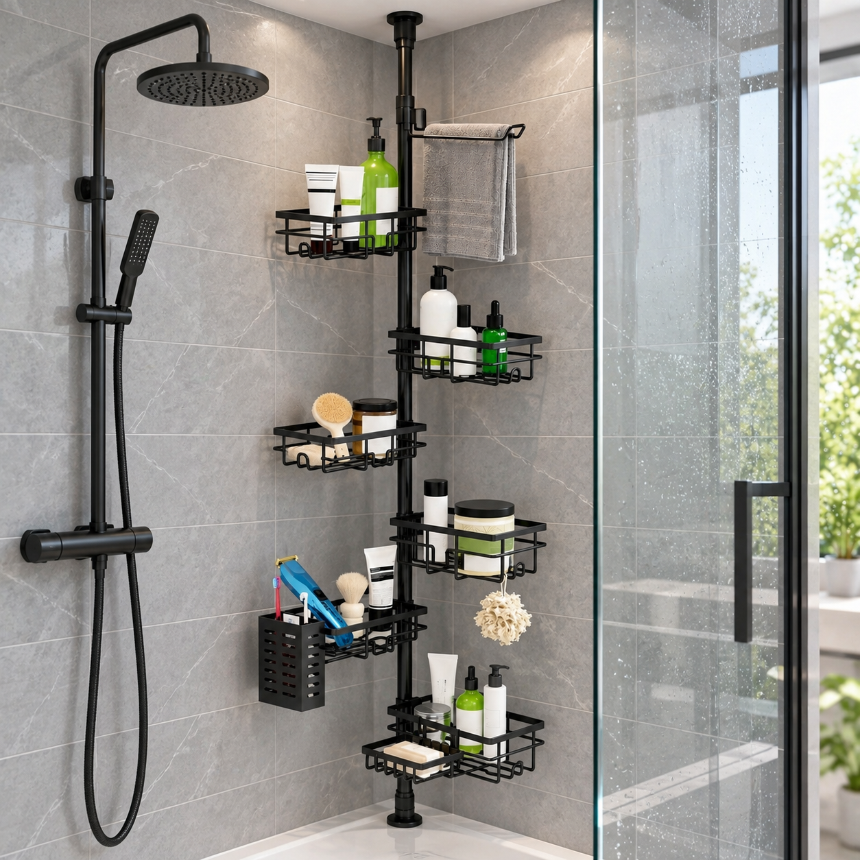 7-Tier Shower Caddy Tension Pole, Black, photo 1 of 5
