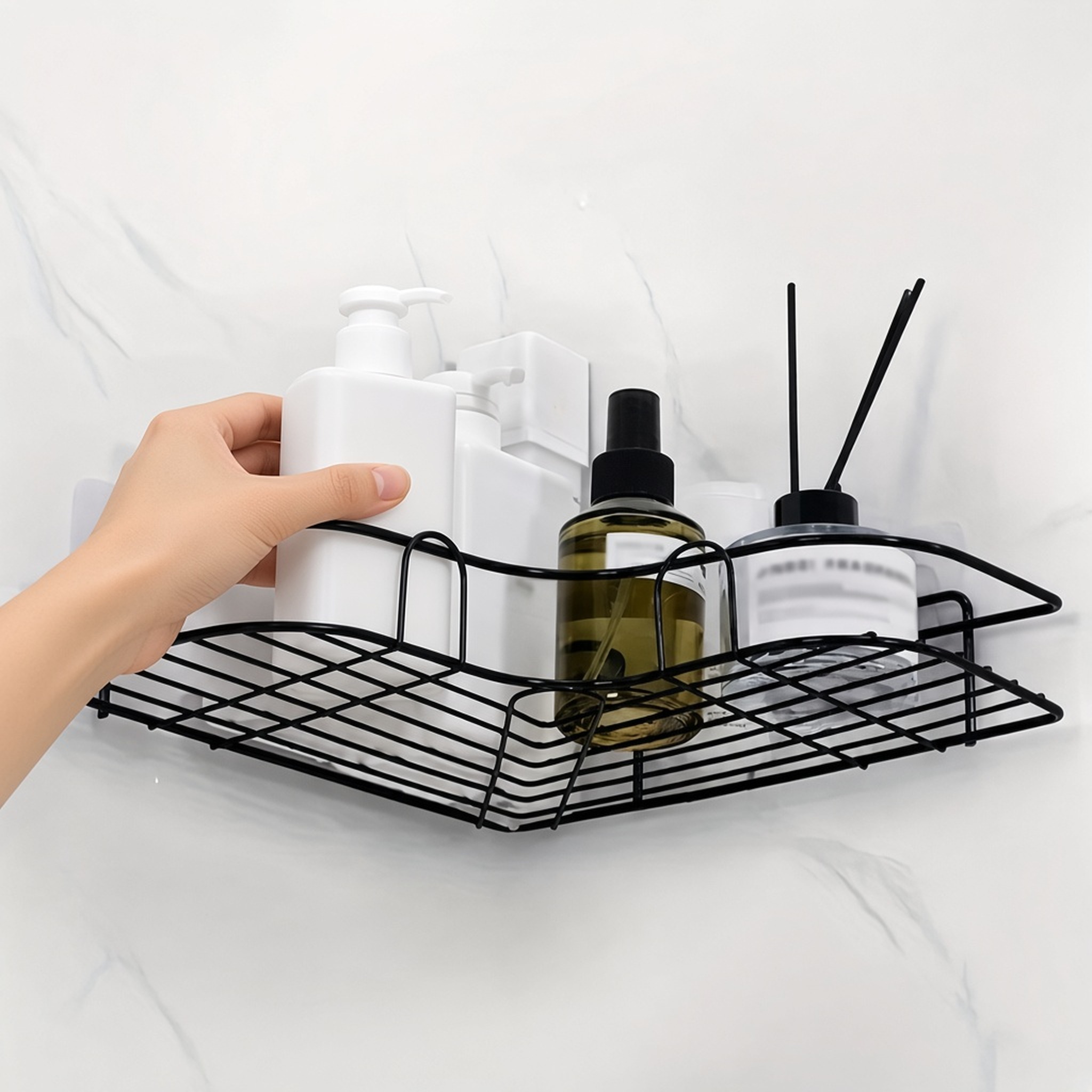 1PC Corner Shower Caddy Wall Mounted No Drill Bathroom Shelf Storage Rack Black, photo 3 of 7