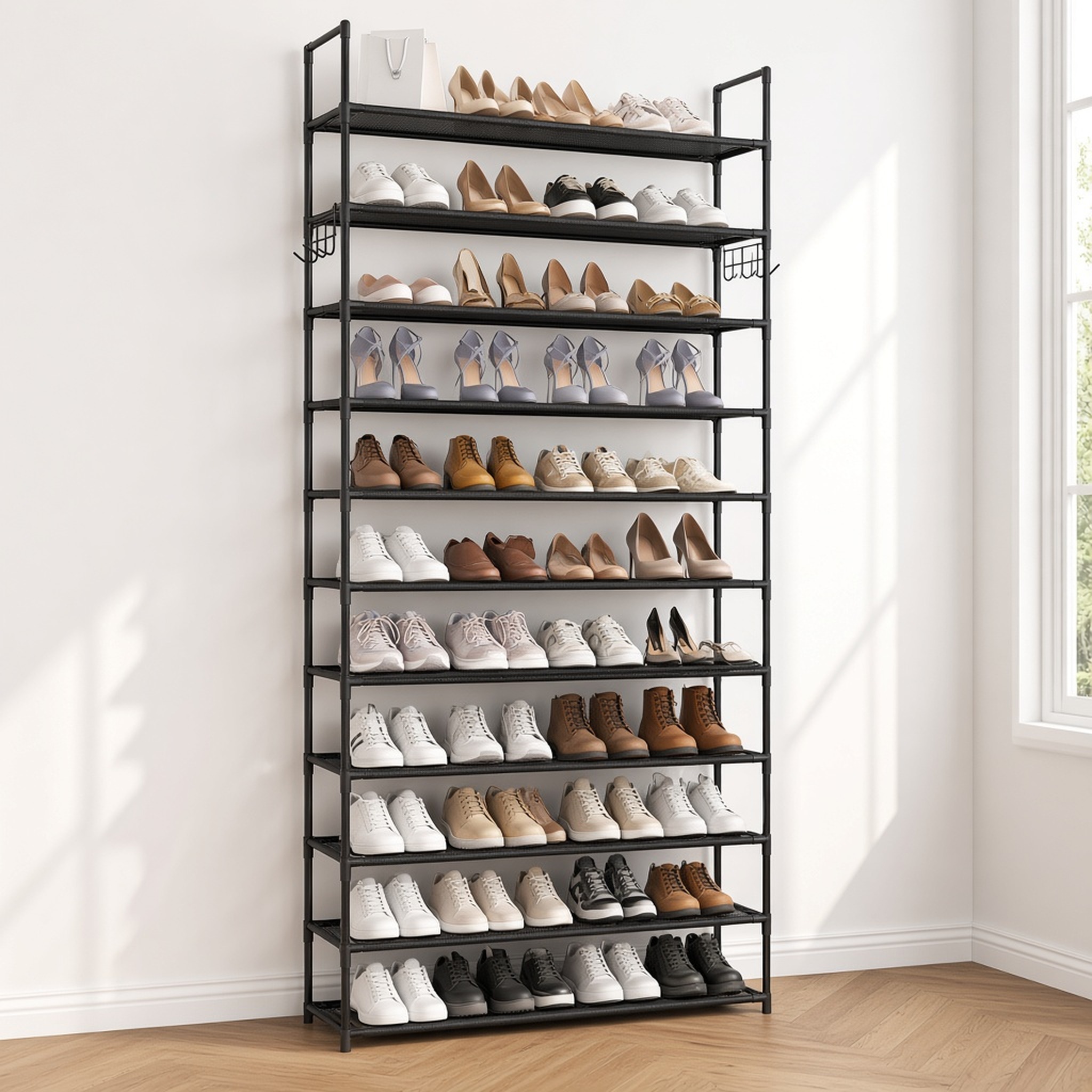 10-Tier Shoe Rack with Hooks, Black, photo 6 of 6
