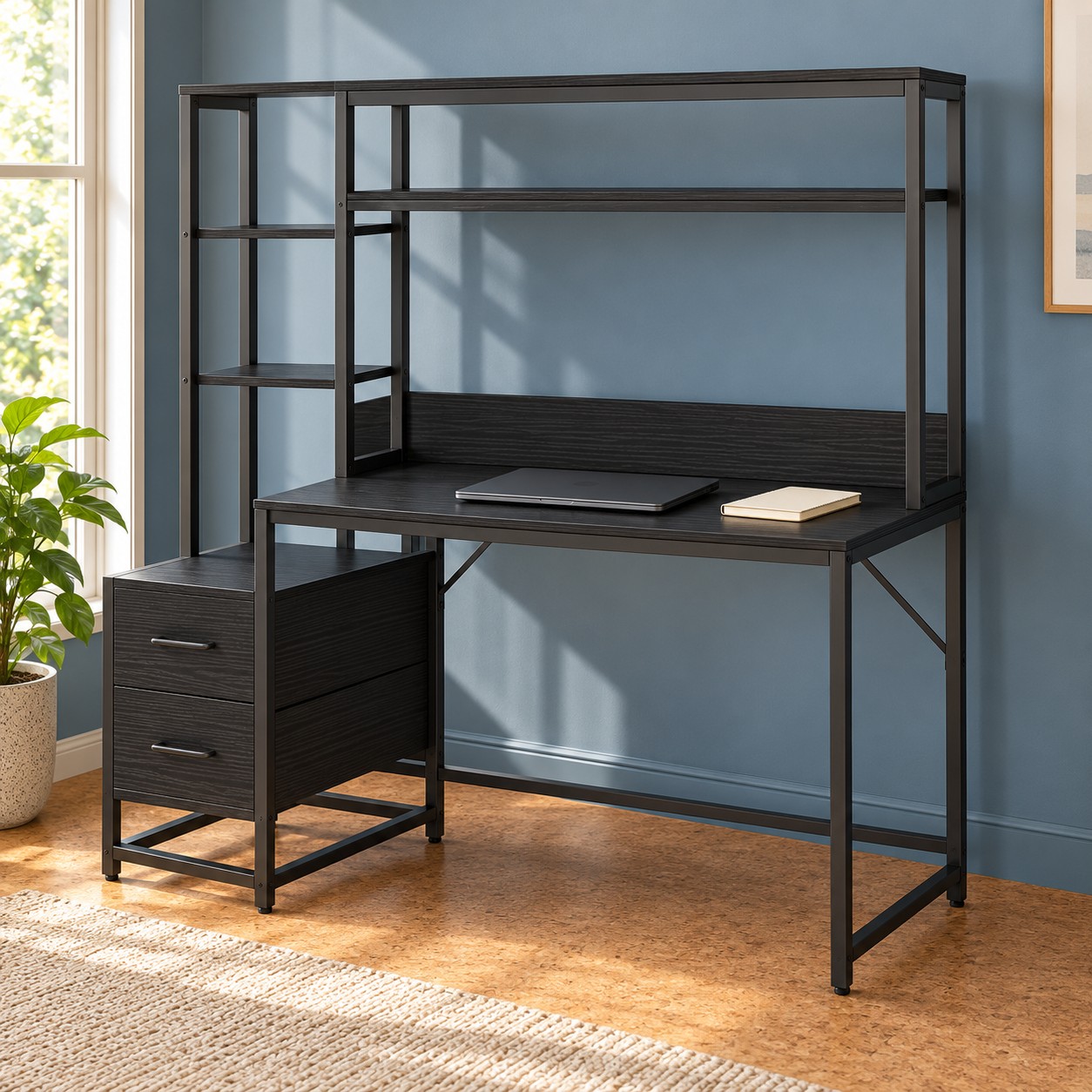 Black 55-Inch Computer Desk with Hutch & Drawers, photo 3 of 8