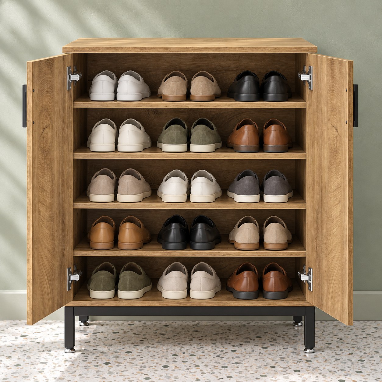 Light Oak 5-Tier Shoe Cabinet with Geometric Doors, photo 4 of 6