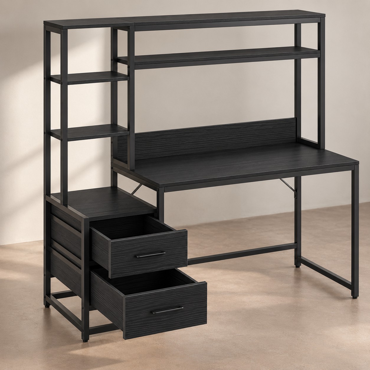 Black 55-Inch Computer Desk with Hutch & Drawers, photo 6 of 8