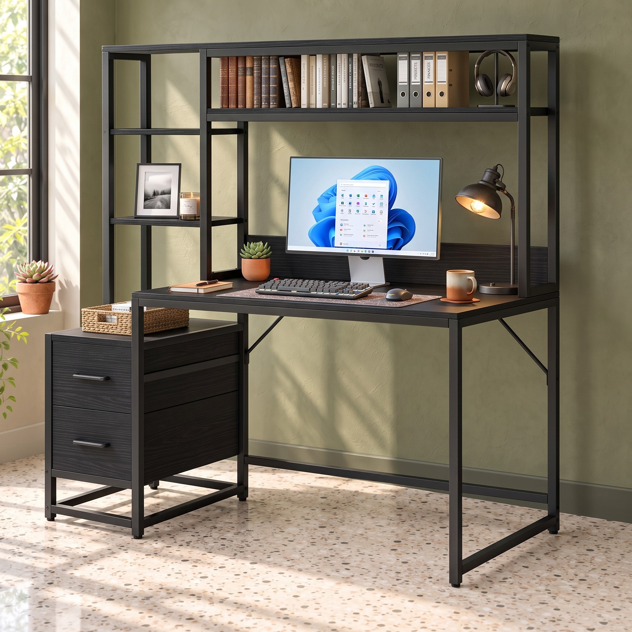 Black 55-Inch Computer Desk with Hutch & Drawers, photo 8 of 8