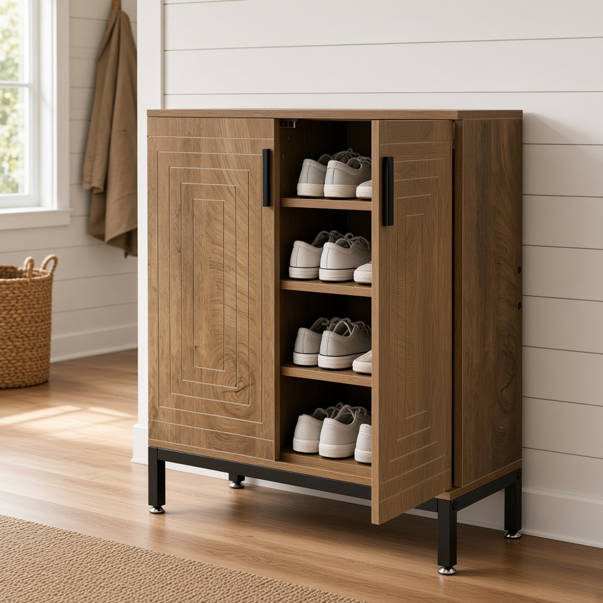Light Oak 5-Tier Shoe Cabinet with Geometric Doors, photo 3 of 6