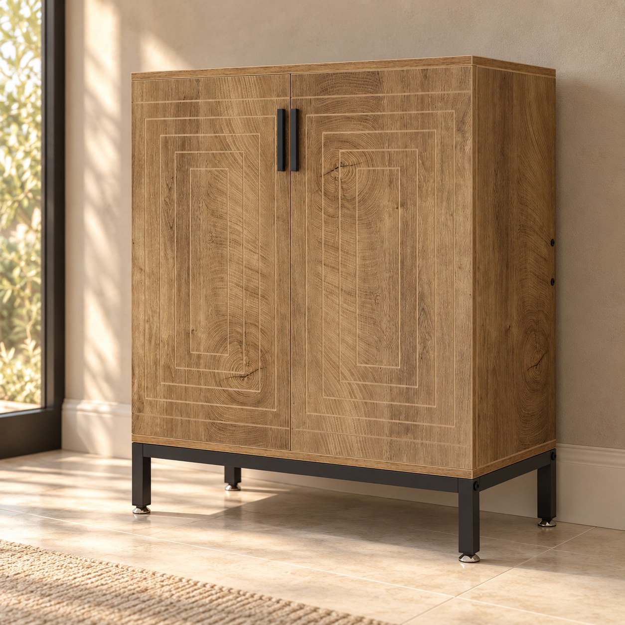 Light Oak 5-Tier Shoe Cabinet with Geometric Doors, photo 1 of 6
