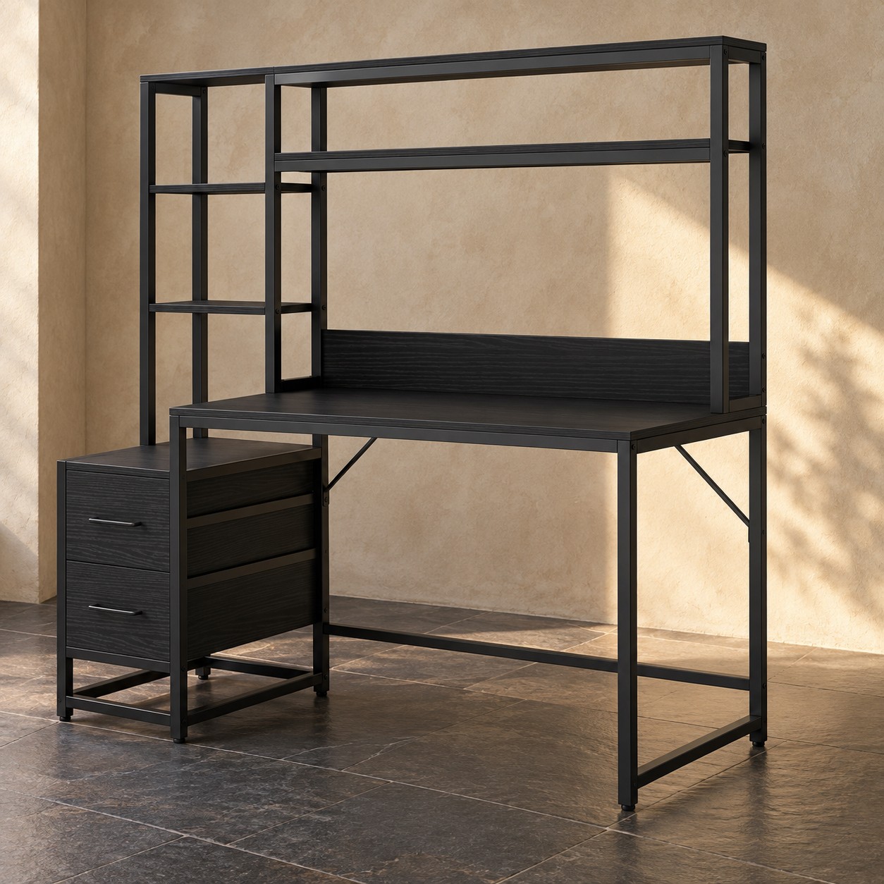 Black 55-Inch Computer Desk with Hutch & Drawers, photo 7 of 8