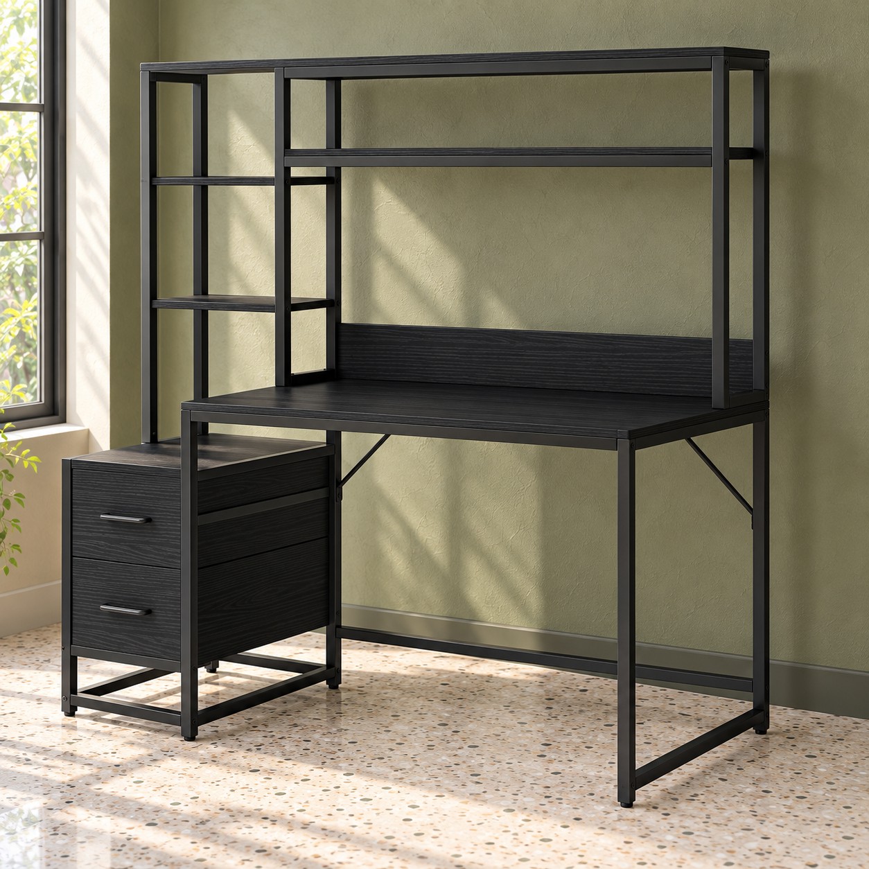 Black 55-Inch Computer Desk with Hutch & Drawers, photo 1 of 8