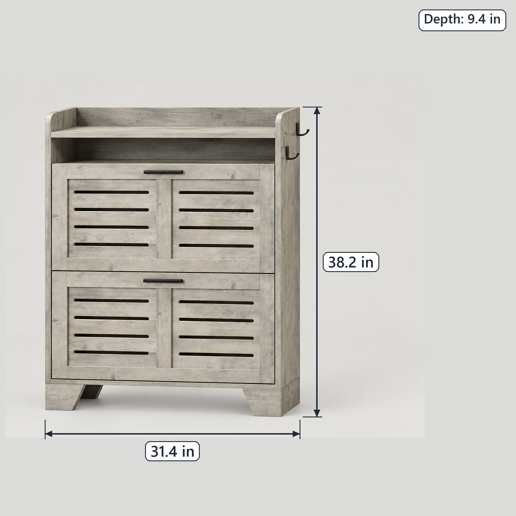 2-Drawer Flip-Down Shoe Cabinet with Side Hooks, Gray, photo 2 of 5