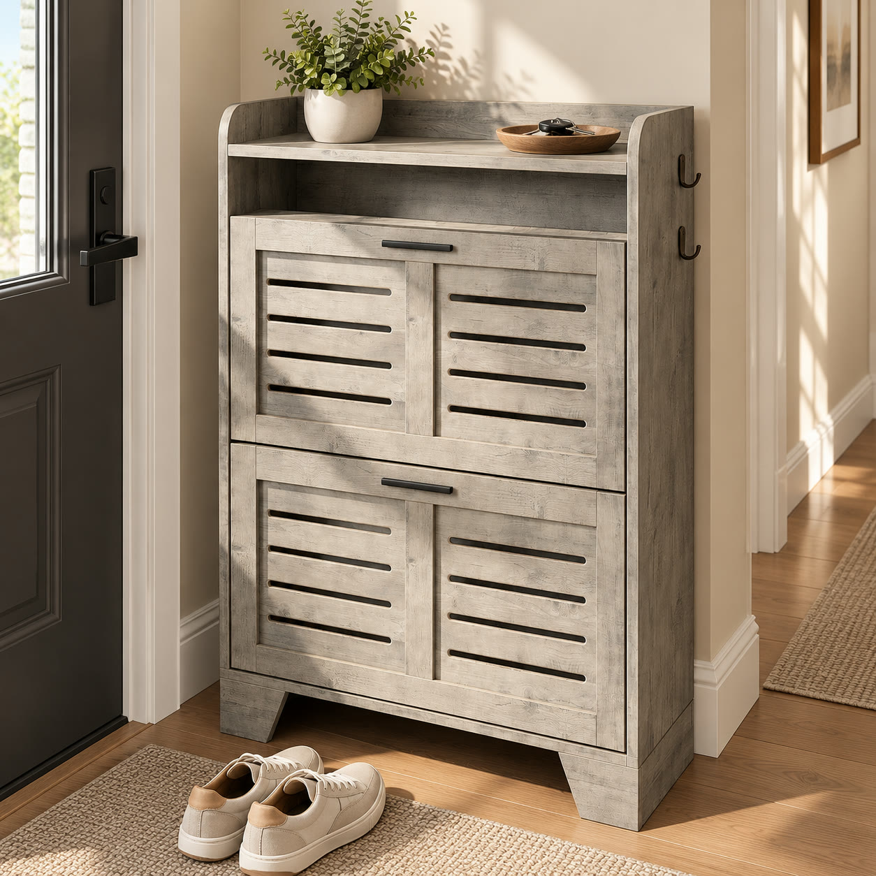 2-Drawer Flip-Down Shoe Cabinet with Side Hooks, Gray, photo 3 of 5