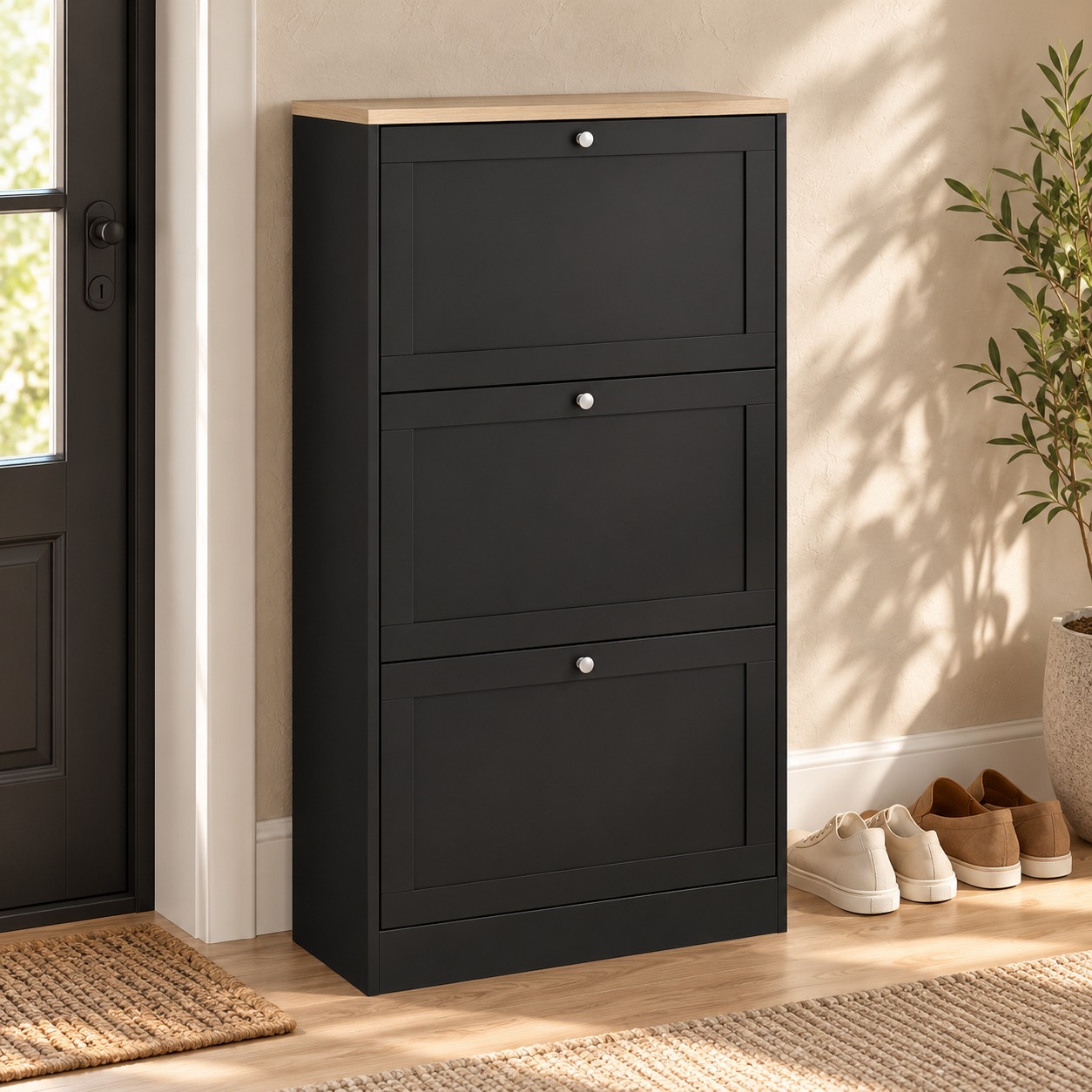 Slim 3-Drawer Shoe Cabinet, Black, photo 1 of 5