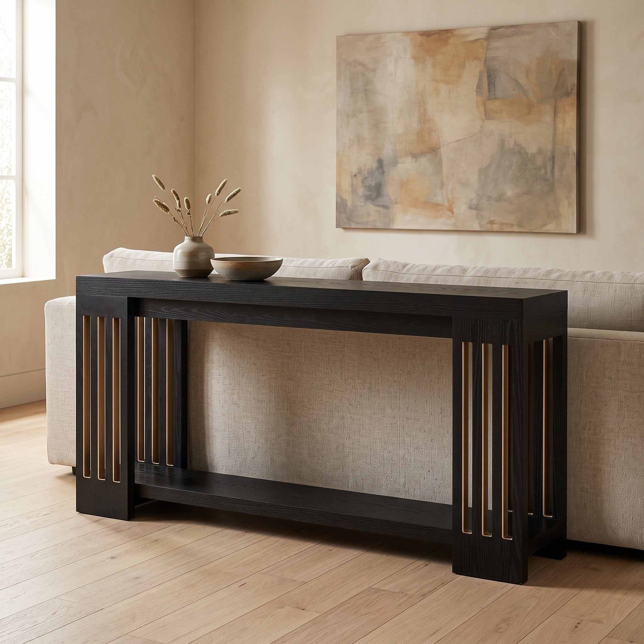 2-Tier Console Table with Slatted Legs, Black, photo 2 of 5