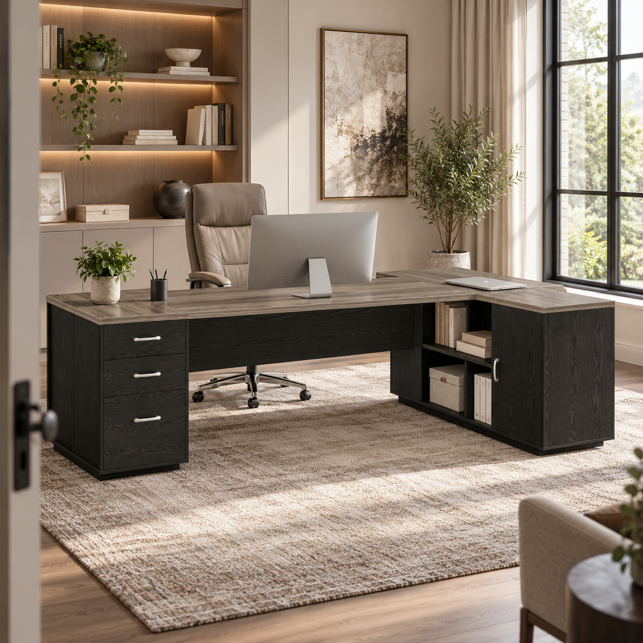 L-Shaped Executive Desk with File Drawer, 86 in, photo 3 of 5