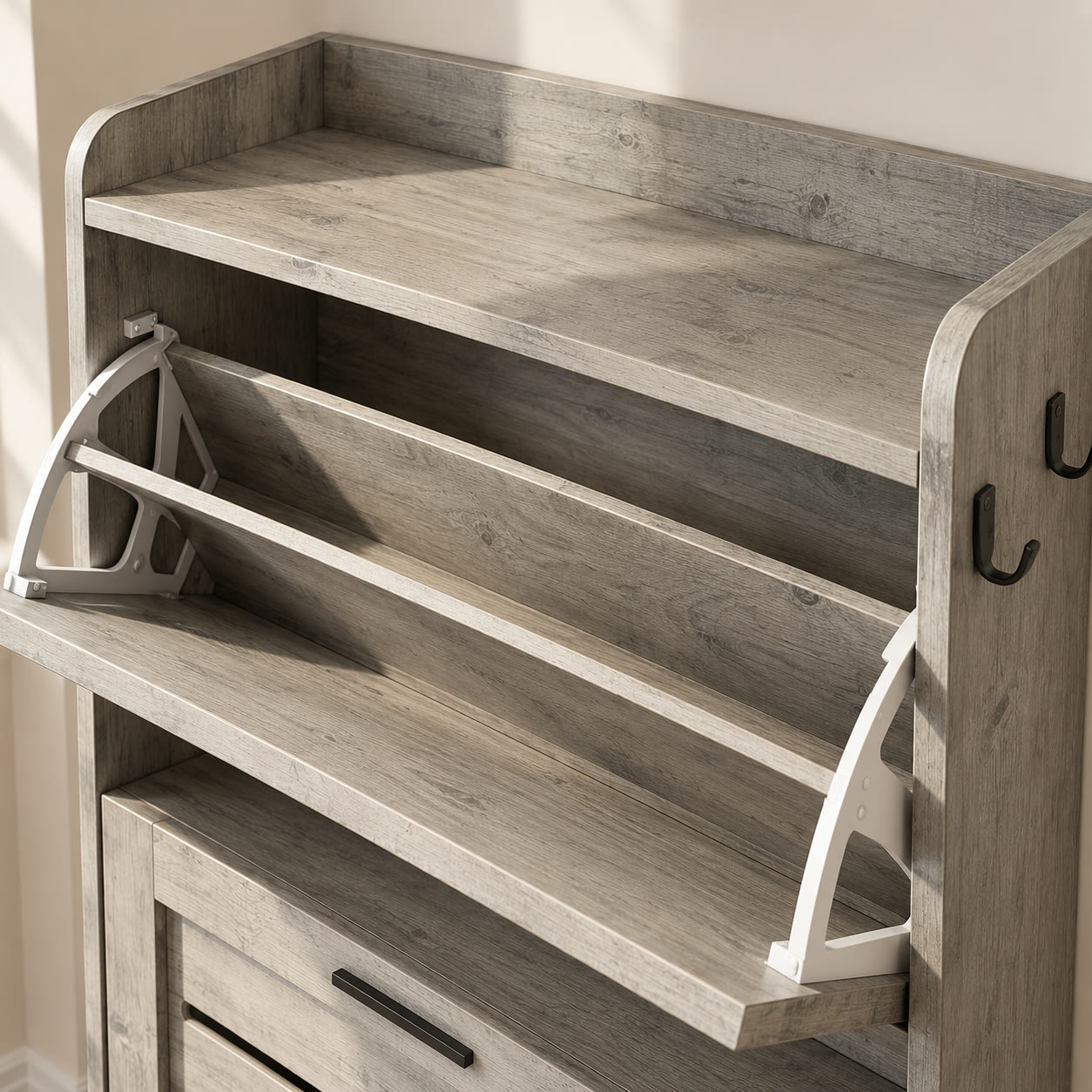 2-Drawer Flip-Down Shoe Cabinet with Side Hooks, Gray, photo 5 of 5