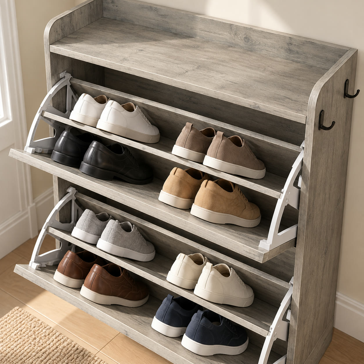 2-Drawer Flip-Down Shoe Cabinet with Side Hooks, Gray, photo 4 of 5