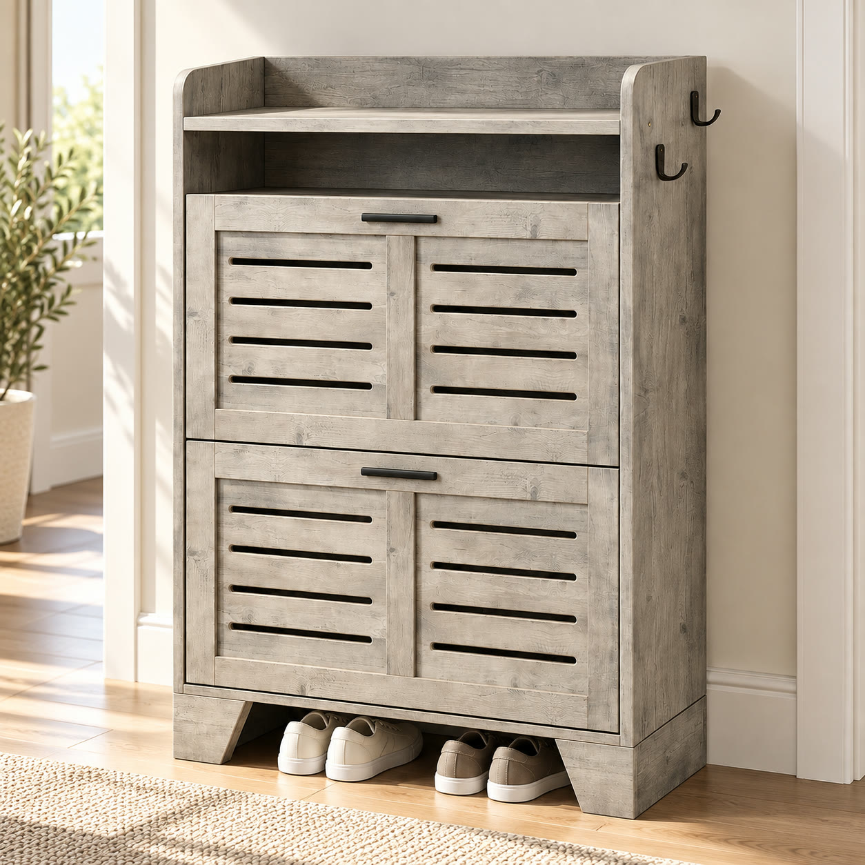 2-Drawer Flip-Down Shoe Cabinet with Side Hooks, Gray, photo 1 of 5