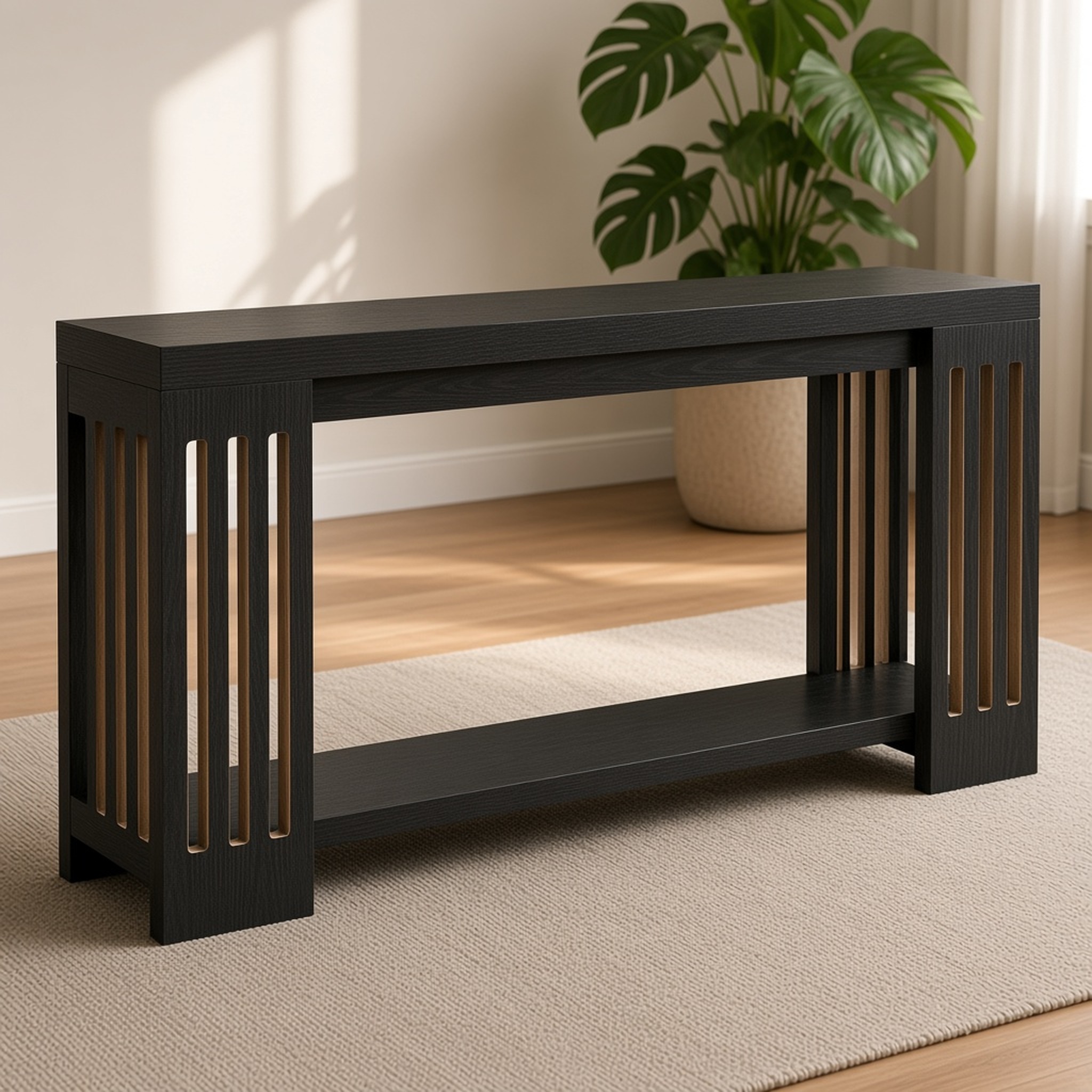 2-Tier Console Table with Slatted Legs, Black, photo 4 of 5
